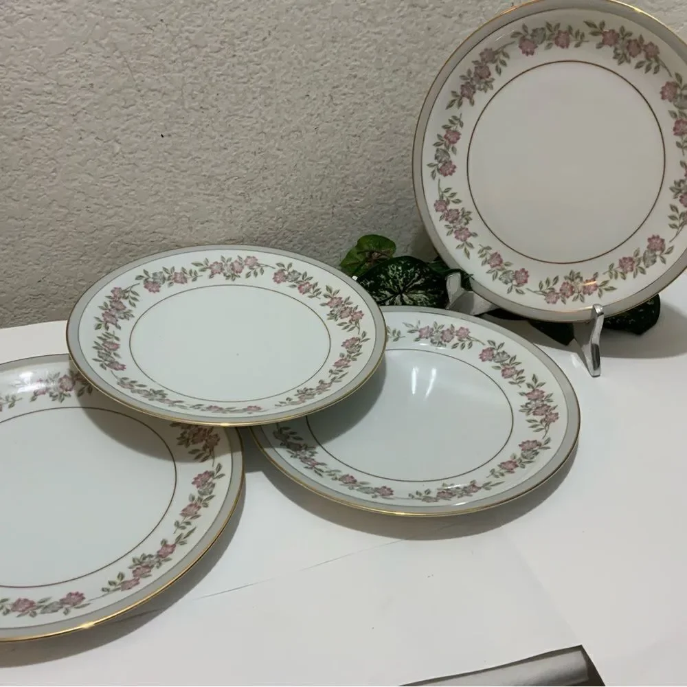 Noritake 5433 Gray & Gold Rimmed 10 3/8” Flowers Japan Set Of 4 Dinner Plate G5